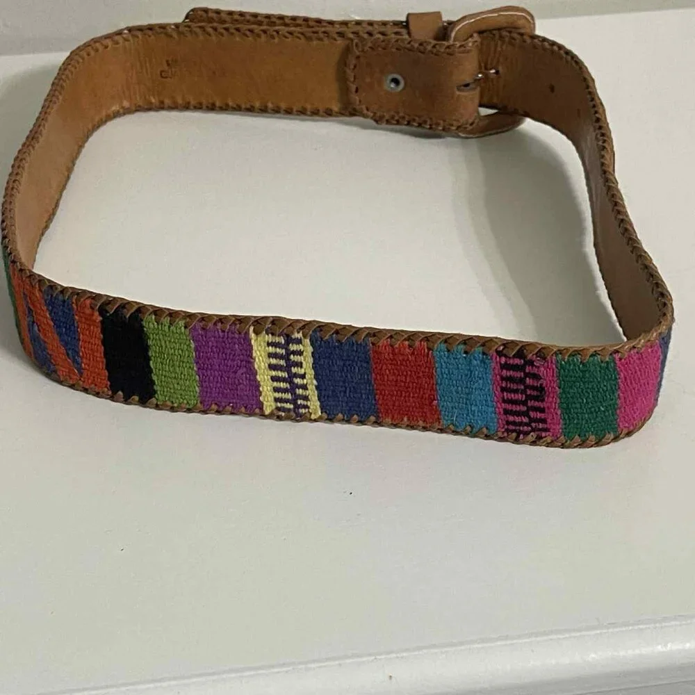 Ethnic Hispanic Guatemalan Made Serape Textured Leather Tooled belt‎ 28”-31” S/M